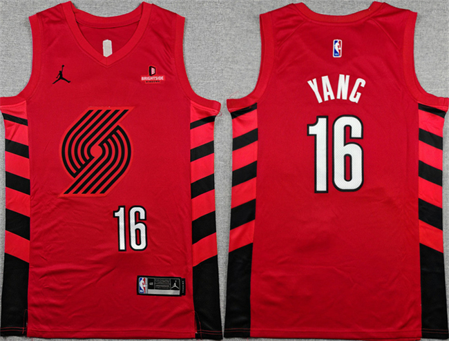Men's Portland Trail Blazers #16 Yang Hansen Red Statement Edition Stitched Basketball Jersey